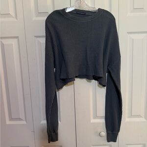 Brandy Melville Charcoal Cropped Long Sleeve Waffle Knit Top